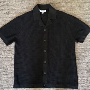 DKNY Black Knit Button-Up Short Sleeve Shirt Large NWT